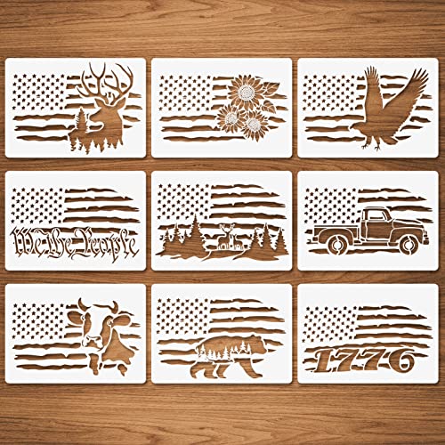 9 Pcs American Flag Stencils, We The People Stencils Deer 1776 Stencils Cow Bear Truck Sunflower Stencils for Painting on Wood Canvas Walls Fabric CODOHI