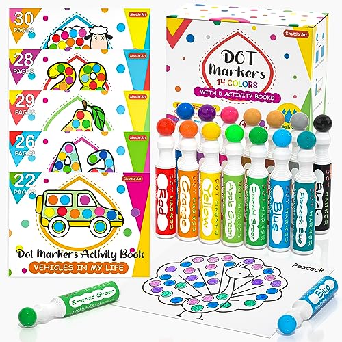 Shuttle Art Dot Markers, 14 Colors Bingo Daubers with 135 Patterns, 5 Activity Books, Educational Set with Art Activities,Non-Toxic Washable Coloring Shuttle Art
