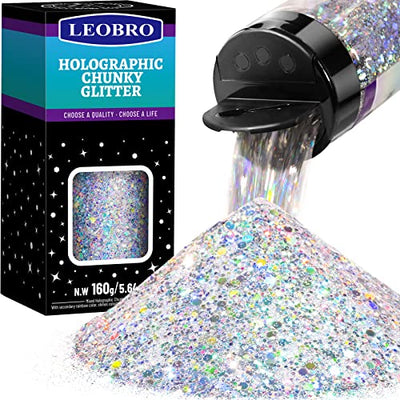 LEOBRO Glitter, Holographic Chunky Glitter, 160G/5.64OZ Silver Glitter, Craft Glitter for Resin, Metallic Iridescent Silver Chunky Glitter Sequins
