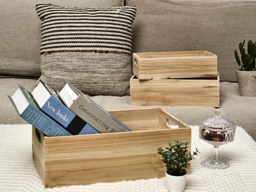 MACVAD Set of 3 Unfinished Wooden Crates, Large Wooden Storage Crates for Display Rustic, Farmhouse Style Storage Container Baskets Boxes for Home MACVAD