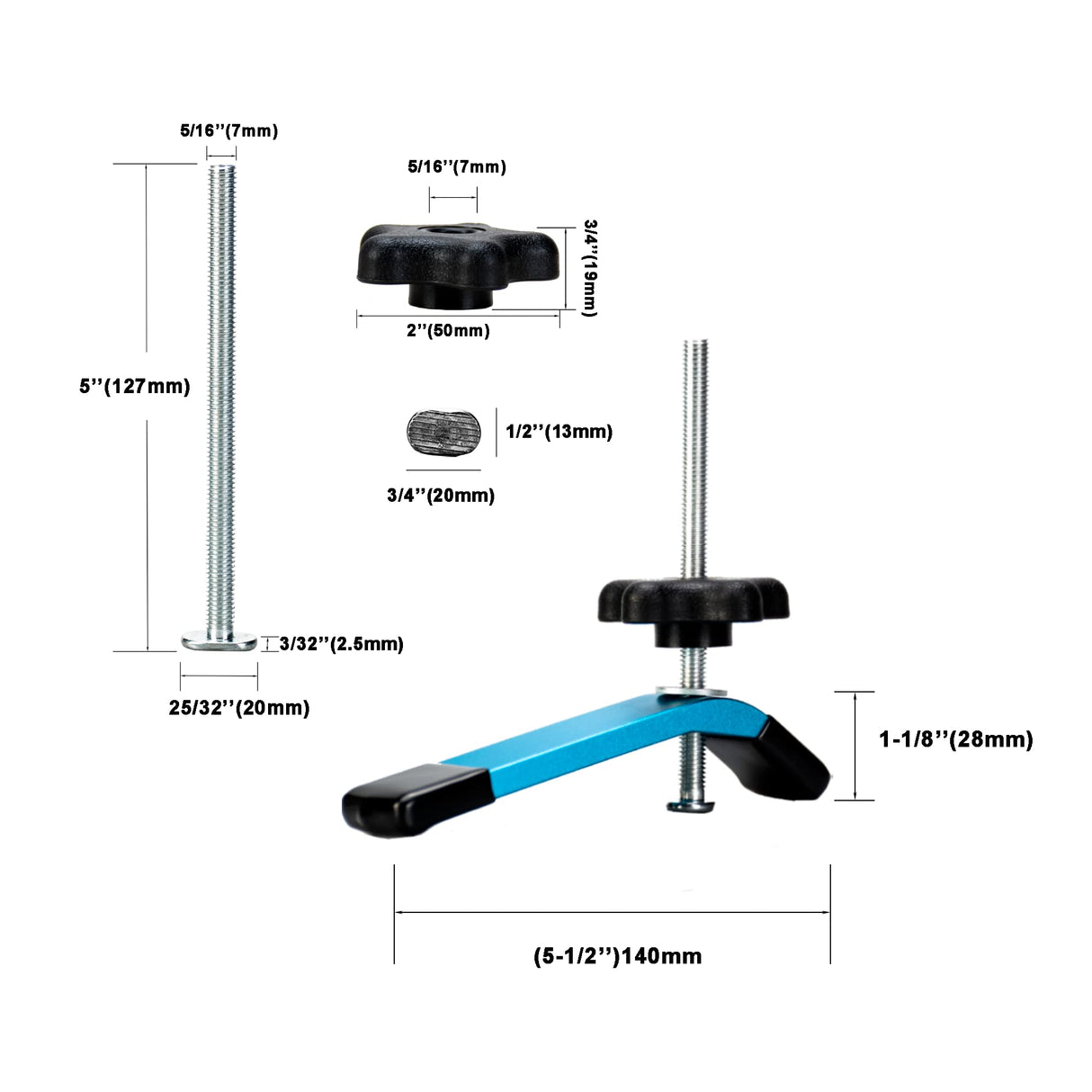 for Woodworking T-Track Clamps: ZokMok 4pcs Hold Down Clamps for Woodworking, 5 inches Length T Rail Track Slot Bolts Washeres and 5-star Nuts (T ZokMok