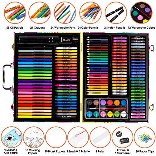 POPYOLA Art Supplies, 180 Piece Drawing Painting Art Kit with Clipboard and Coloring Papers, Gifts Art Set Case with Oil Pastels, Crayons, Colored POPYOLA