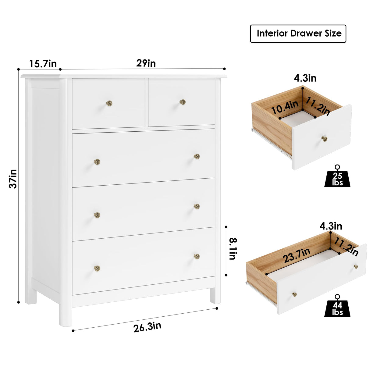 HOUSUIT White Dresser with 5 Drawers, Tall Dresser Chest of Drawers, 5 Drawer Dresser with Deep Space, Wood Dresser Storage Cabinet for Living Room, HOUSUIT