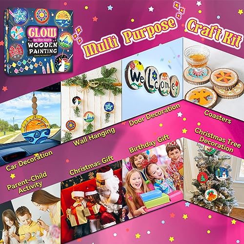 klmars Kids Wooden Painting Kit-Glow in The Dark-Arts & Crafts Gifts for Boys Girls Ages 5-12-Wood Slice Craft Activities Kits - Creative Art Toys klmars