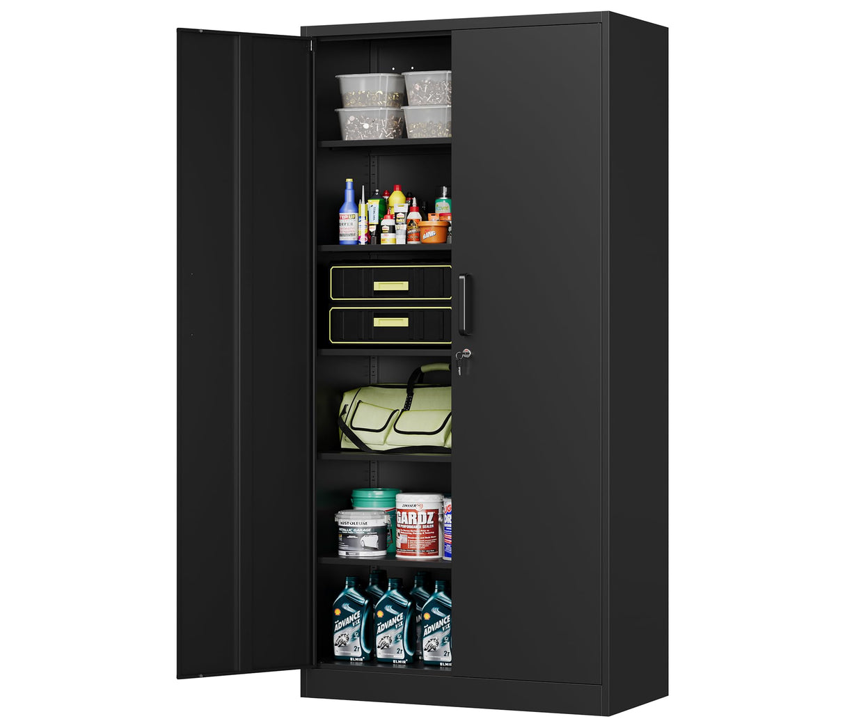 MIIIKO Black Garage Storage Cabinet with Doors and 5 Shelves, 72" Tall Steel Cabinet Tool Storage, Lockable Metal Utility Cabinet for Garage, Office, MIIIKO