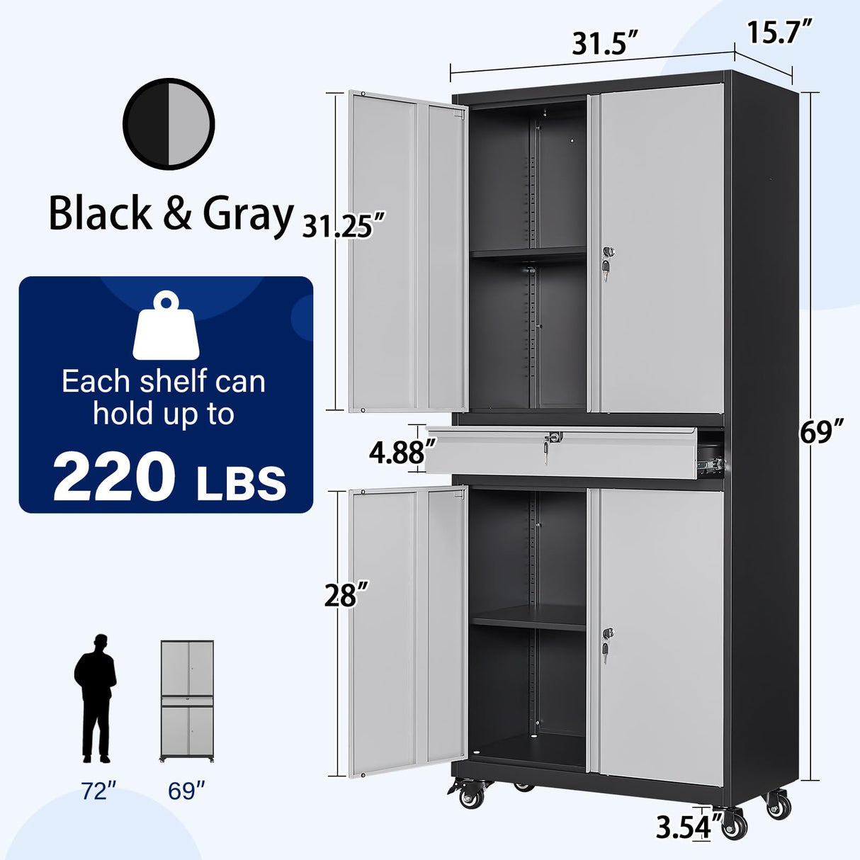 Yizosh Metal Garage Storage Cabinet with Locking Doors and Adjustable Shelves, Rolling Tool Storage Cabinet with 4 Wheels and 1 Drawer - 73" Steel Yizosh
