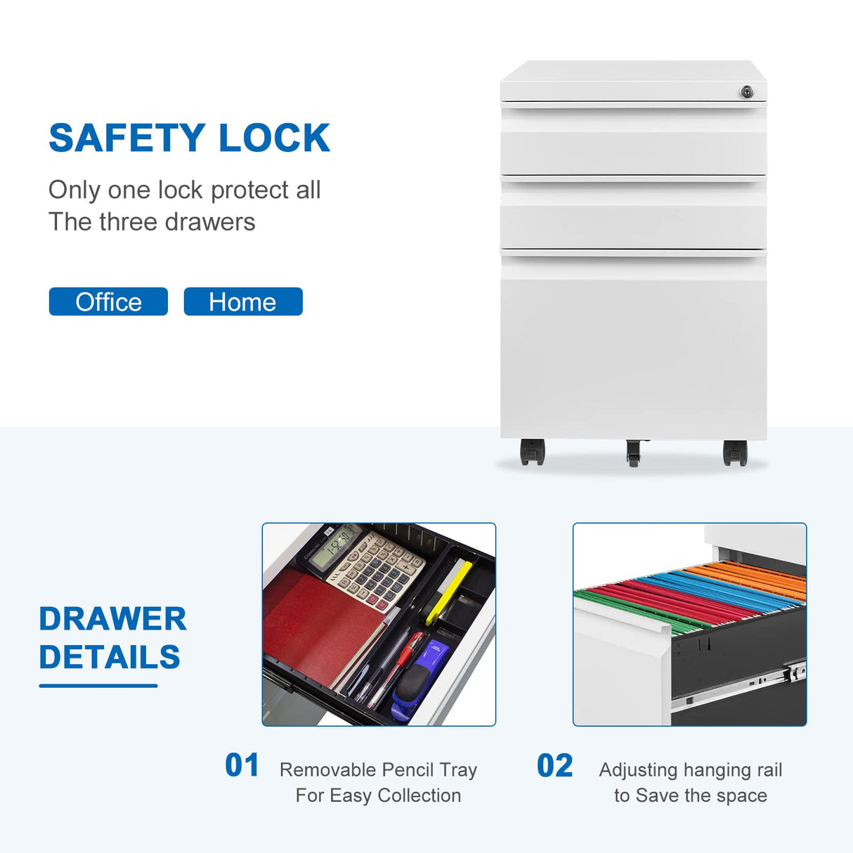 VERYKE 3 Drawer File Cabinet with Lock and Wheels Mobile Under Desk Filing Cabinet Vertical Filing Cabinet Metal Organizer File Cabinet for Hanging VERYKE