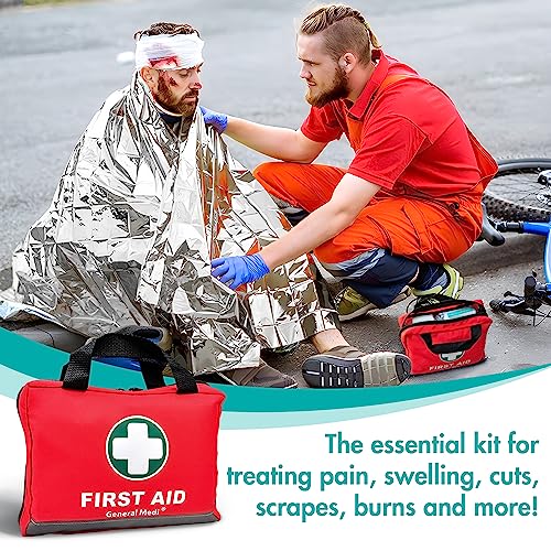 General Medi First Aid Kit -309 Pieces- Reflective Bag Design - Including Eyewash, Bandages, Moleskin Pad and Emergency Blanket for Travel, Home, General Medi