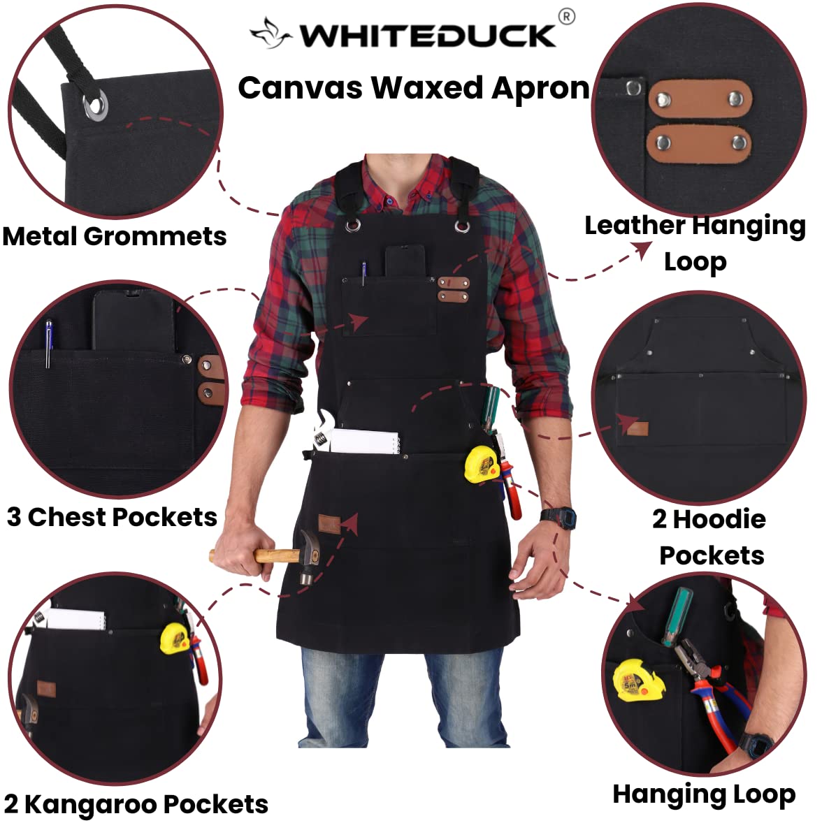 WHITEDUCK Work Apron 24oz Woodworking Apron for Men Waxed Heavy Duty Canvas Apron with Pockets (Black) WHITEDUCK