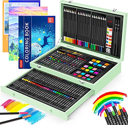 iBayam Art Supplies, 150-Pack Deluxe Wooden Art Set Crafts Drawing Painting Kit with 1 Coloring Book, 2 Sketch Pads, Creative Gift Box for Adults iBayam