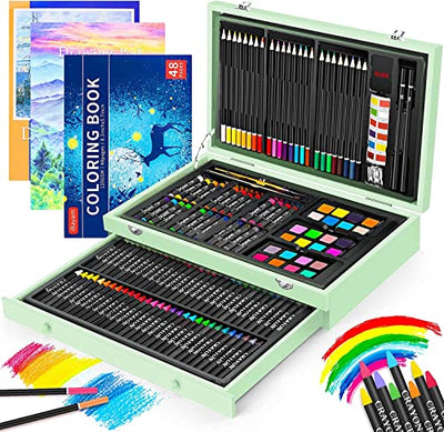 iBayam Art Supplies, 150-Pack Deluxe Wooden Art Set Crafts Drawing Painting Kit with 1 Coloring Book, 2 Sketch Pads, Creative Gift Box for Adults