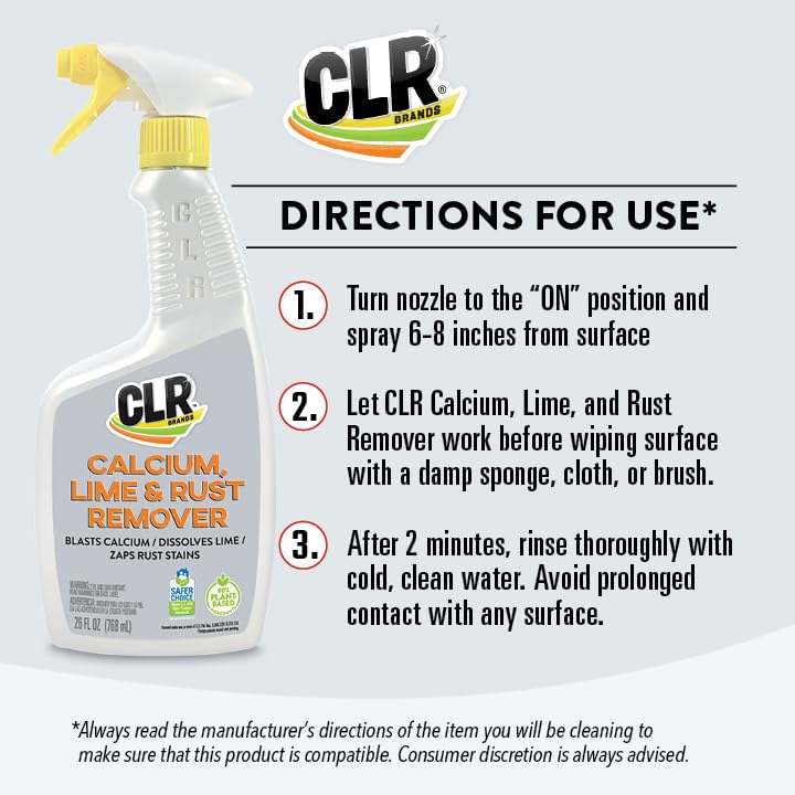 CLR Calcium, Lime & Rust Remover, Blasts Calcium, Dissolves Lime Deposits, Zaps Stubborn Rust Stains and Hard Water Deposits, 26 Ounce Spray Bottle CLR