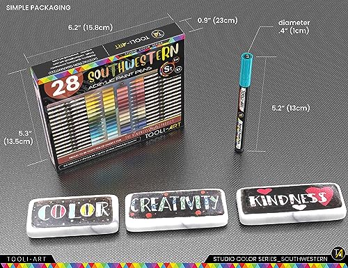 28 Southwestern Colors Acrylic Paint Pens Studio Color Series Markers Set 0.7mm Extra Fine Tip, Rock Painting, Glass, Mugs, Wood, Metal, Canvas, DIY, TOOLI-ART