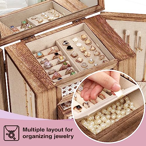Emfogo Jewelry Box for Women, 5 Layer Large Wood Jewelry Boxes & Organizers for Necklaces Earrings Rings Bracelets, Rustic Jewelry Organizer Box with Emfogo