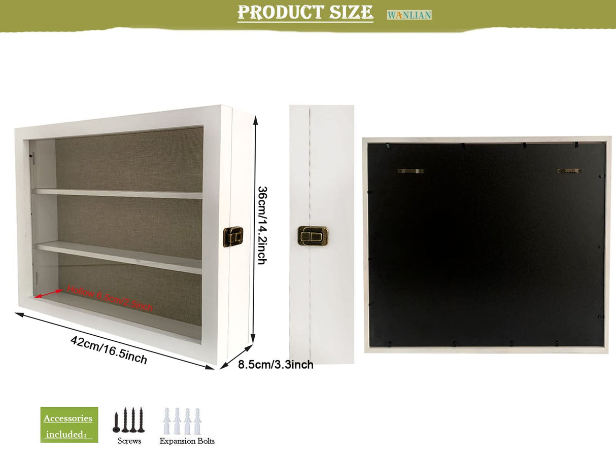 WANLIAN Large Shadow Box with Shelves, 16x14 Wooden Shadow Box Display Cabinet with Acrylic Window, 2 Removable Shelves and Linen Back, for WANLIAN