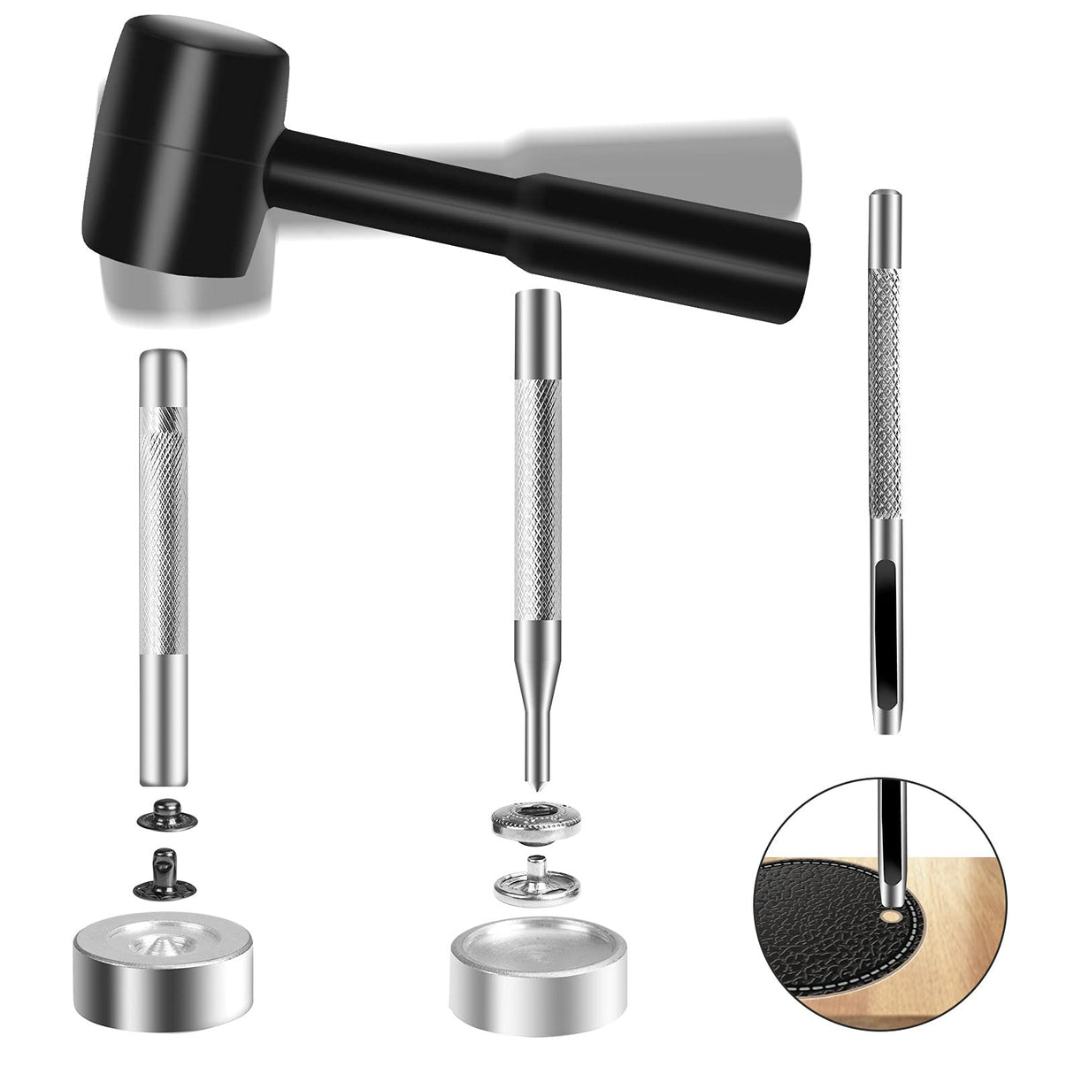 Alritz 120 Set Leather Snap Fasteners Kit with Hammer Puncher, 12.5mm Metal Button Snaps Press Studs with 4 Setter Tools for Clothes, Jackets, Jeans Alritz