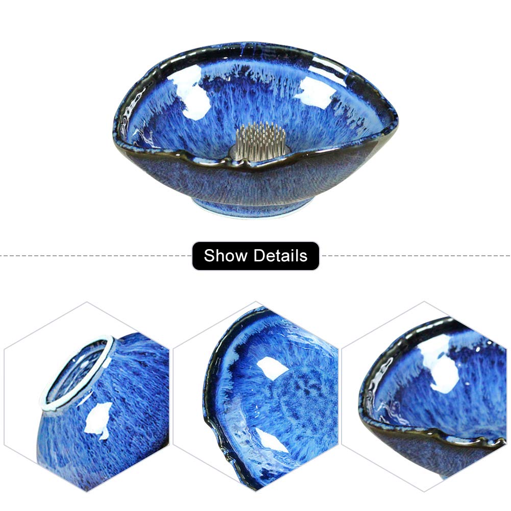 WANDIC Floral Arranging Vase, Blue Irregular Oval Shape Ceramic Ikebana Vases with 3.5cm Mini Round Flower Frog for Ikebana Floral Arrangement Art WANDIC