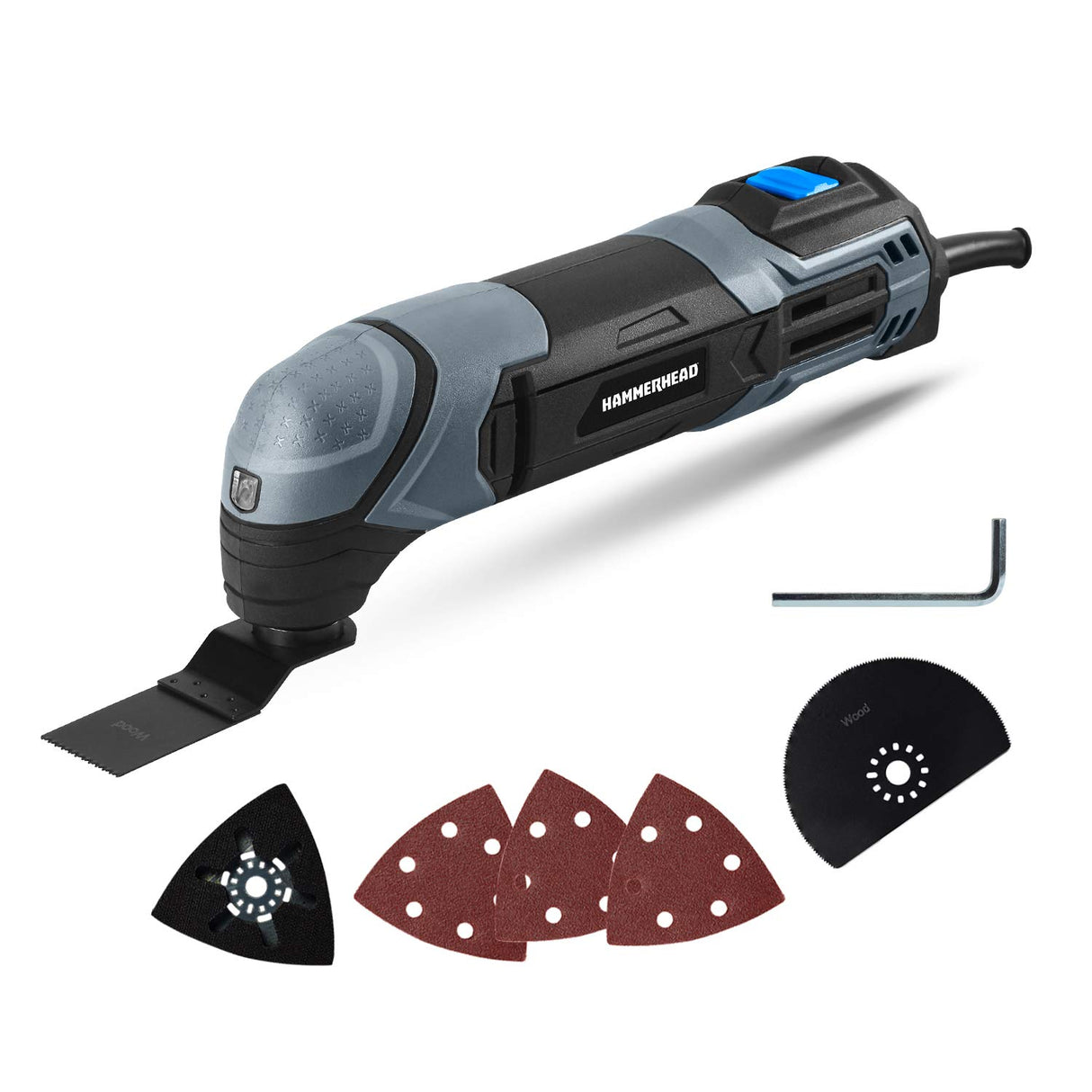 Hammerhead 2.2-Amp Oscillating Multi-Tool with 1pc Flush Cut Blade, 1pc Semicircle Saw Blade, 1pc Sanding pad, 3pcs Sanding Paper - HAMT022 Hammerhead