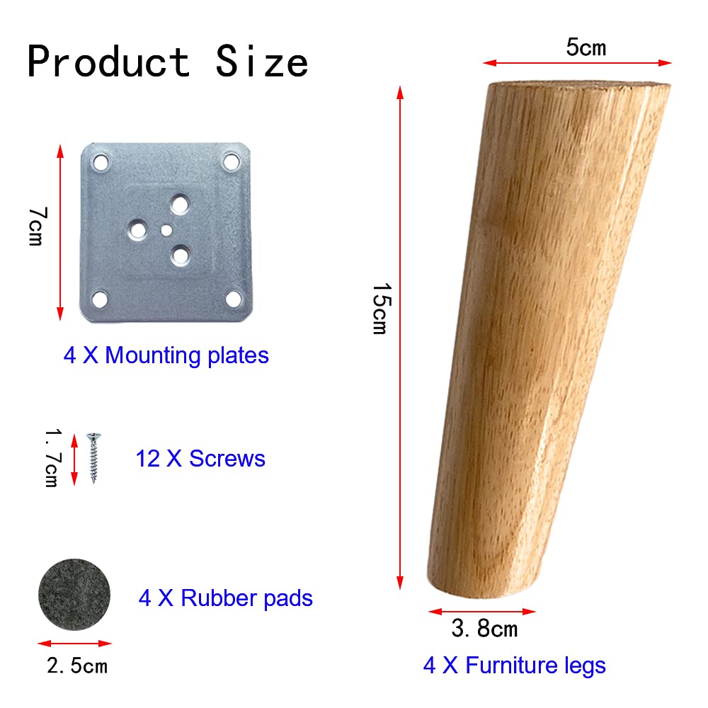 KITEVICH 4PACK Solid Wood Furniture Legs 6 Inch Sofa Legs, Replacement Legs Mid Century Modern Legs for Couch End Table TV Stand Bed Dresser Cabinet, KITEVICH