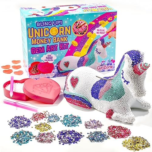 GirlZone Bling Up Unicorn Money Bank Gem Art Kit, Create Diamond Art for Kids with Over 4000 Gems and 2 Stylus for Diamond Painting Kids, Creative GirlZone