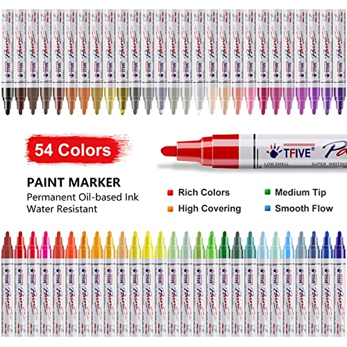 TFIVE Paint Markers Pens - 54 Colors Medium Tip Paint Markers, Permanent, Waterproof & Quick Dry, Paint Pen for Metal, Wood, Fabric, Plastic, Rock TFIVE