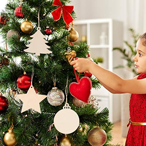 SEWACC 30 Pcs Wooden Christmas Ornaments Unfinished Wood Crafts with Hole Star Mini Christmas Tree Christmas Ball Wood Ornaments Wood Slices DIY SEWACC