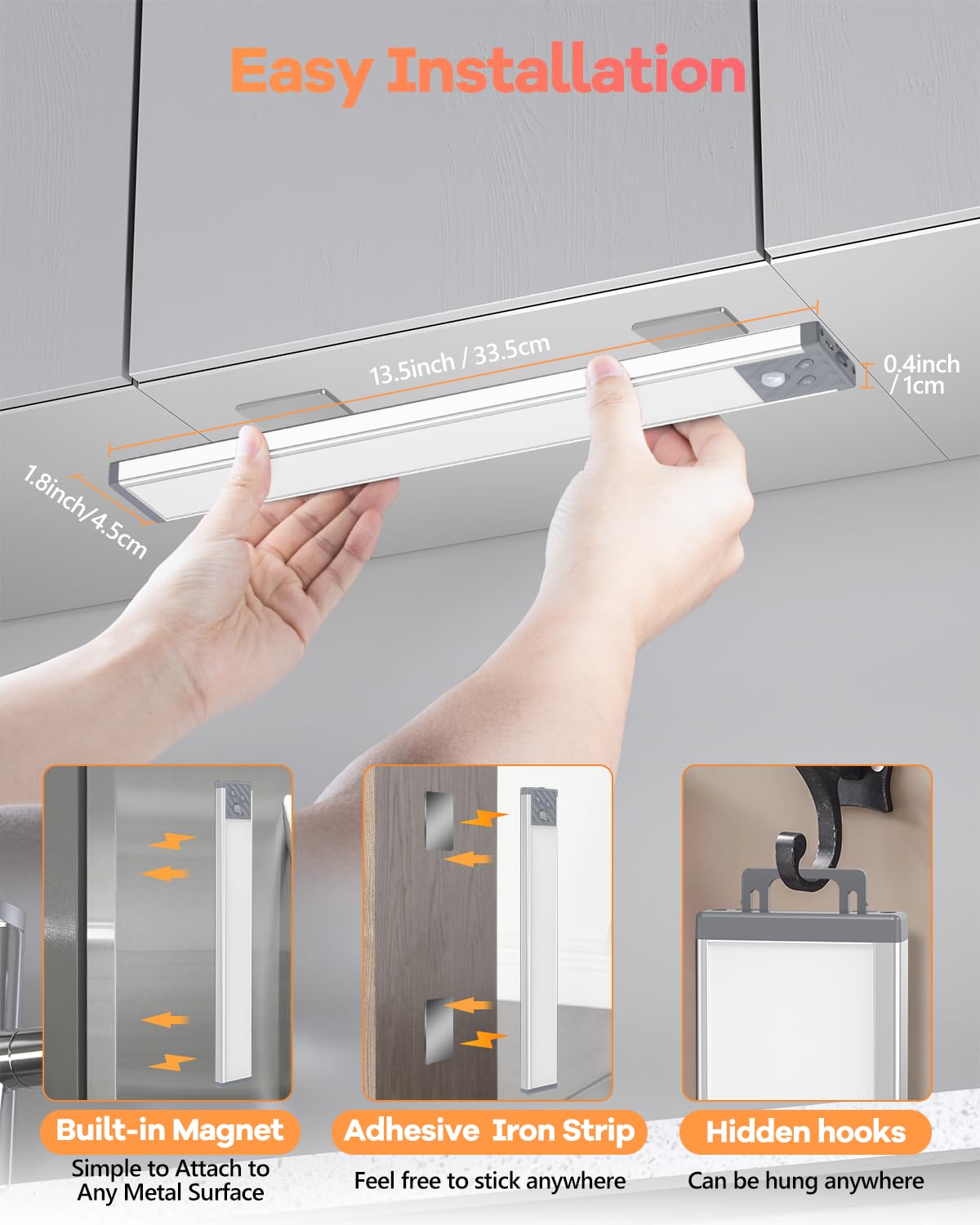 65 LED Under Cabinet Lights 2 Packs, 3 Color Temperatures Dimmable Motion Sensor Closet Lights, 2500mAh Rechargeable Under Counter , Wireless Night HIBOITEC