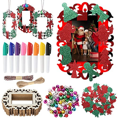 144 Pieces Unfinished Christmas Wooden Ornament Kits for Crafts, 24 Pieces Wooden Picture Frames Cutouts with Bells EVA Stickers, Wood Slices Photo