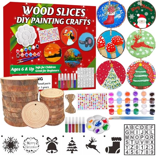 Collabell Natural Wood Slices, Wooden Arts and Crafts Kits for Kids Adults, 20PCS Unfinished Wood Slices Painting kit with Letter Numbers Xmas Collabell