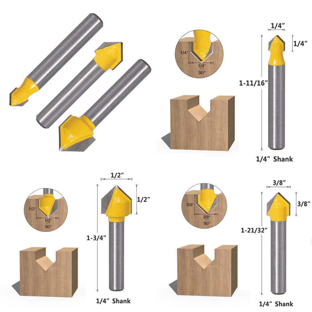 Yakamoz 6Pcs 1/4" Shank Carbide 90 Degree V-Groove and Round Nose Groove Router Bit Set 3D CNC Signmaking Lettering Engraving Cutter Woodworking YAKAMOZ