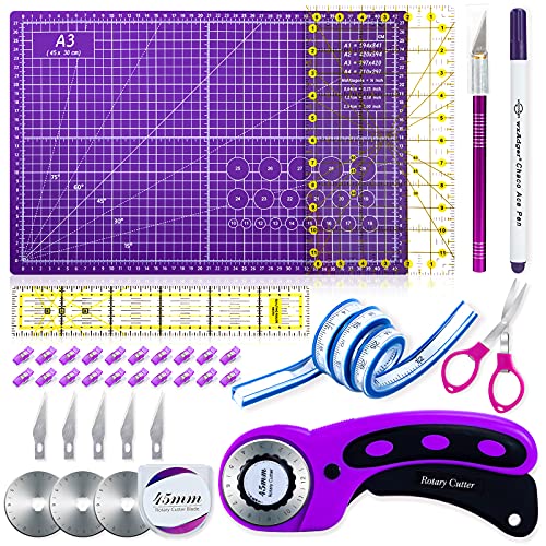 Nicecho Rotary Cutter Set,Sewing Quilting Supplies,45mm Fabric Cutters,A3 Cutting Mat for Sewing,Acrylic Rulers,Scissors,Exacto Knife,Clips,Beginners Nicecho