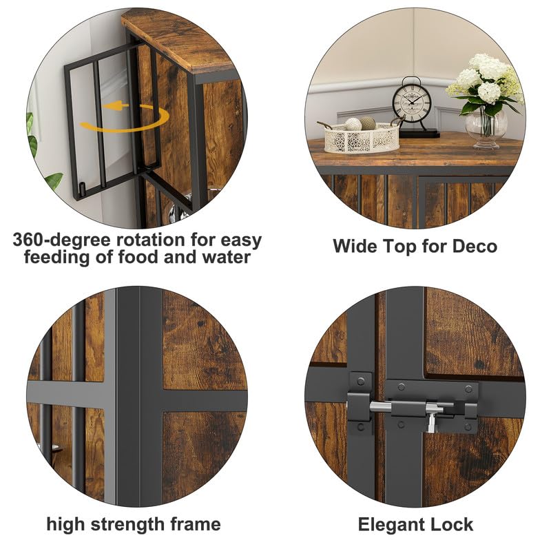 ROOMTEC 42 inch Furniture Dog Crate Corner, Dog Kennel Corner Wooden End Table with Bowl, Indoor Pet Crates Corner Side Table for Dogs, Wide Top ROOMTEC