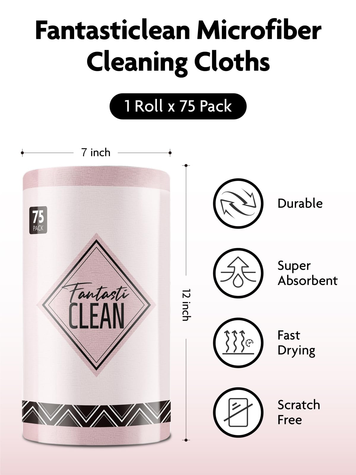 Fantasticlean Microfiber Cleaning Cloth Roll -75 Pack, 12x12", Tear Away Towels, Reusable Washable Rags (Pink) Fantasticlean