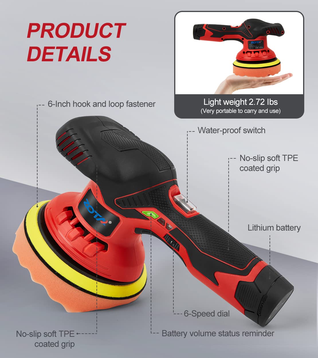 ZOTA Cordless Buffer Polisher for Car,6 inch 2pcs 12V/2.0Ah Lithium Rechargeable Battery Cordless Polisher with 6 Variable Speed,Quiet Orbital Car ZOTA