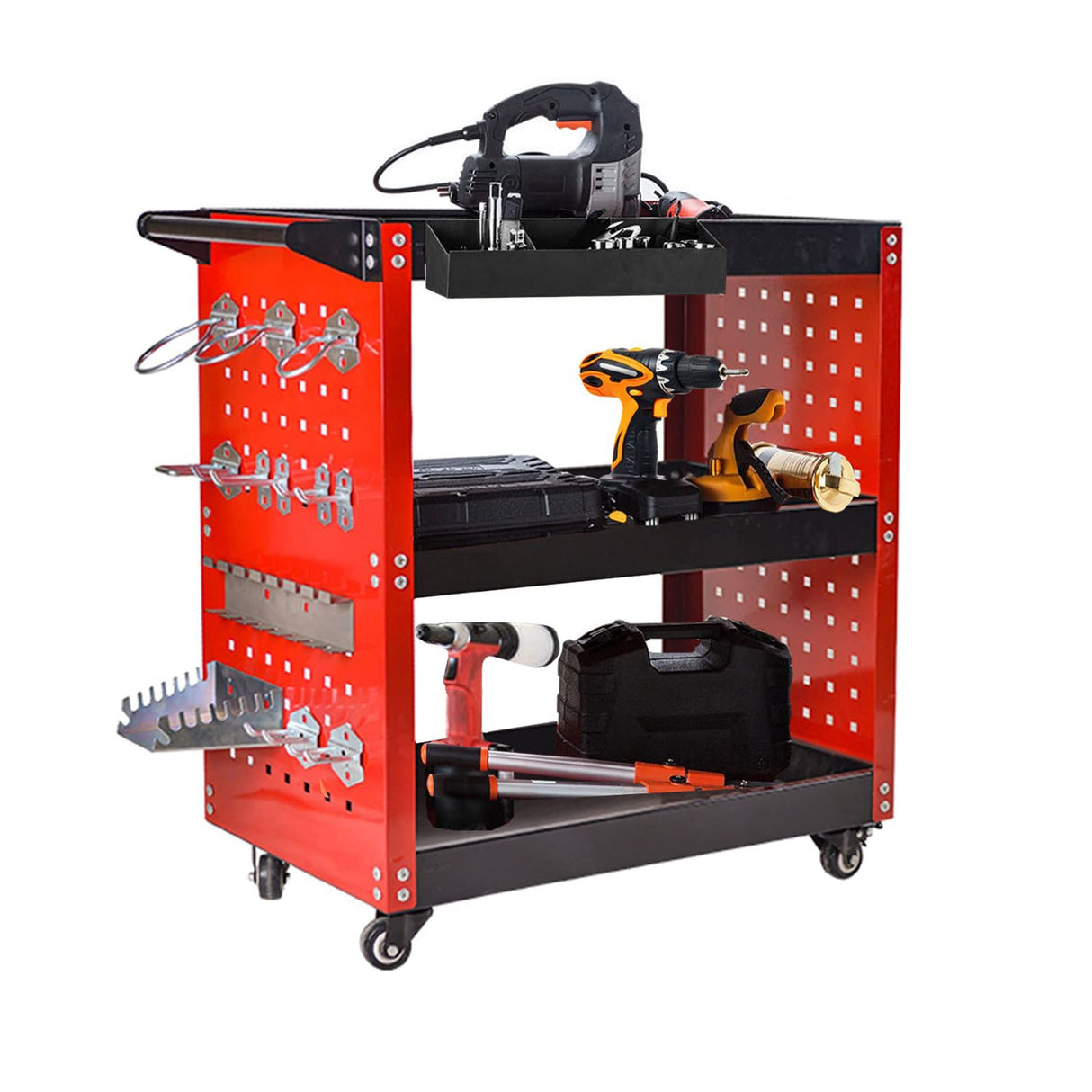 Youthua 3-Tier Rolling Tool Cart, Heavy Duty, 360 Degree Rotating Wheels, 14 Hooks, 300lbs Load Capacity, Red youthua