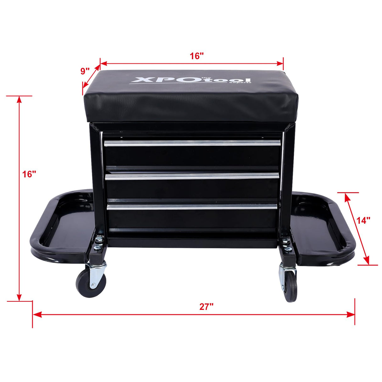 AMZOSS 3-Drawer Rolling Tool Chest Seat Garage Glider Mechanic Stool with Magnetic Side Trays, Heavy Duty Rolling Tool Box for Warehouse, Workshop, AMZOSS