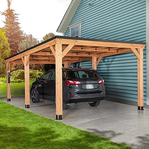 Backyard Discovery Kingsport 20 ft. x 12 ft. All Cedar Wooden Carport Gazebo with Hard Top Steel Roof Backyard Discovery