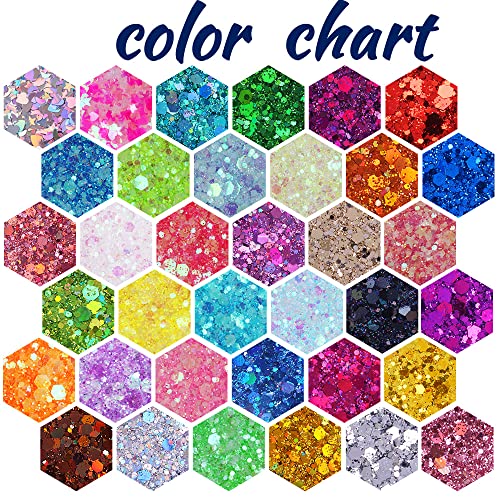 Holographic Chunky and Fine Glitter Mix, 36 Colors Chunky Sequins & Glitter Powder Mix, Iridescent Cosmetic Glitter Flakes for Nail Art Face Body Eye Linwulte