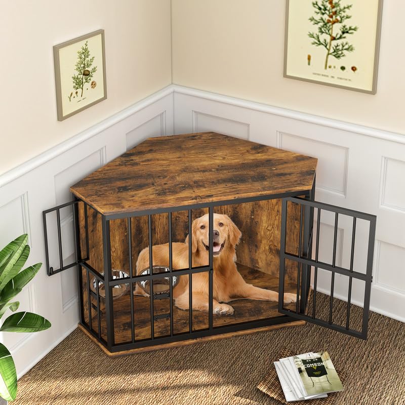 ROOMTEC 42 inch Furniture Dog Crate Corner, Dog Kennel Corner Wooden End Table with Bowl, Indoor Pet Crates Corner Side Table for Dogs, Wide Top ROOMTEC