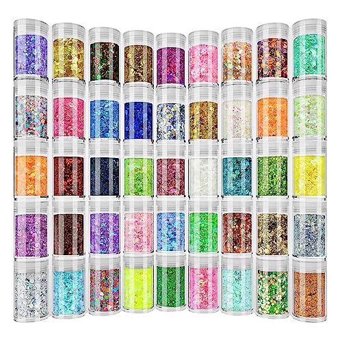 Holographic Chunky and Fine Glitter Mix, 45 Colors Craft Glitter for Epoxy Resin Arts, Iridescent Nail Glitter, Cosmetic Eye Hair Face Body Glitter, Linwulte
