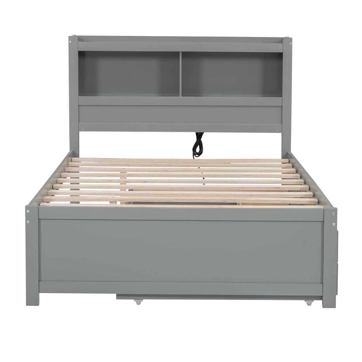Harper & Bright Designs Grey Full Size Bed with Trundle, Bookcase Headboard, and USB Charging Station Harper & Bright Designs