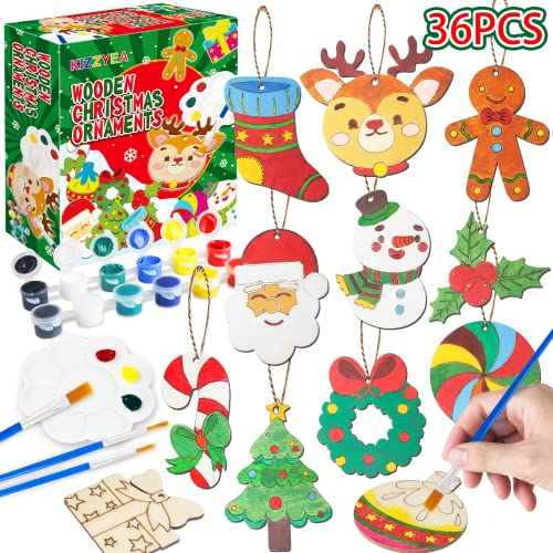 KIZZYEA 36Pcs Unfinished Wooden Christmas Ornaments Craft Kits - 12 Styles Blank Wood Slices Ornaments for Kids to Paint, DIY Christmas Craft for