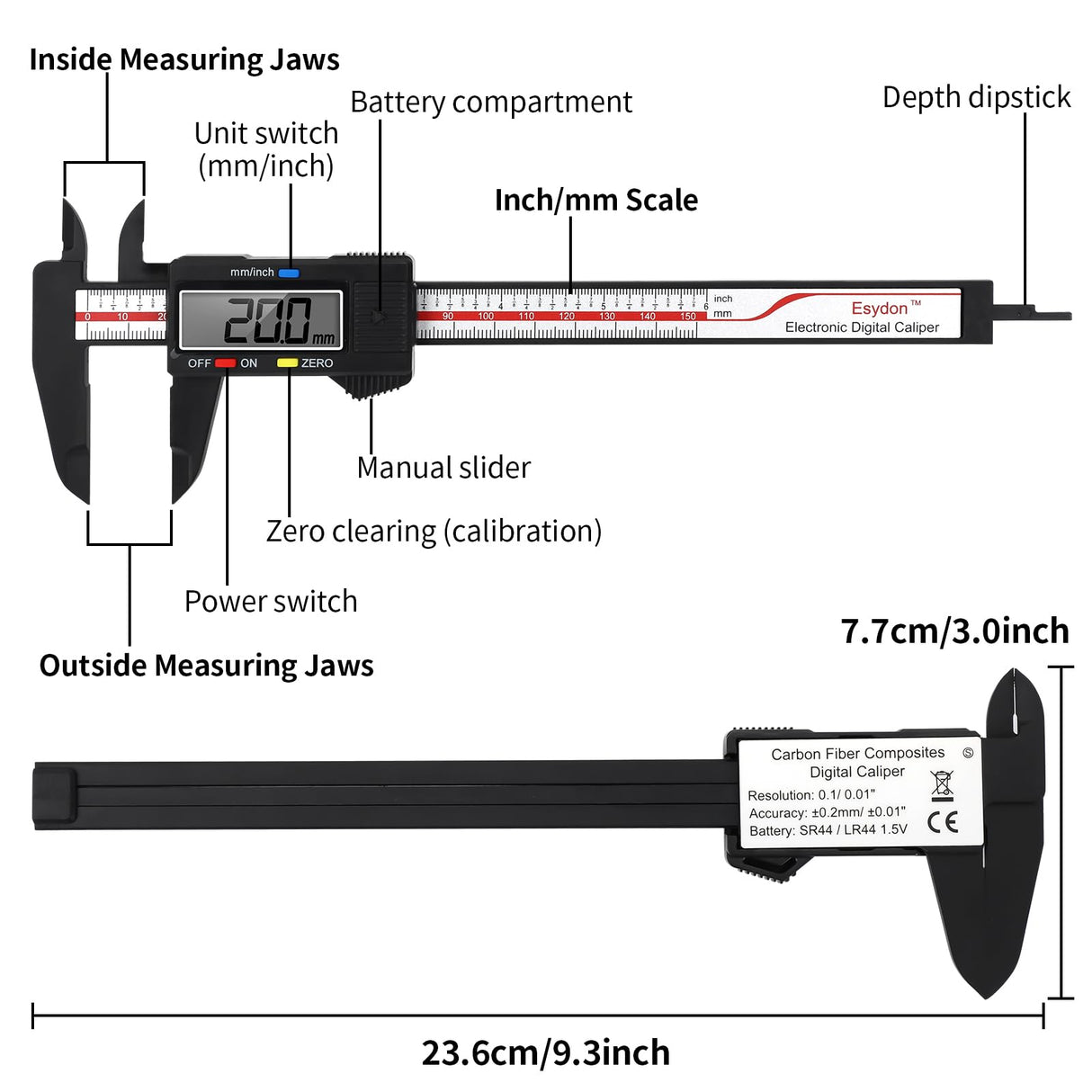 Digital Caliper, Esydon Upgraded Calipers 6 inch, Measuring Tool, Electronic Ruler, with Large LCD Screen, Auto-Off Feature, Inch and Millimeter Esydon