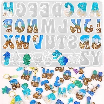 Moukiween Reversed Alphabet Resin Molds Kit,Alphabet Keychain Molds with Hole,Fancy Letter Silicone Molds for Resin,Epoxy Resin Casting Mold for