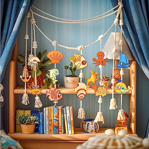 36Pcs Ocean Themed Party Hanging Ornaments Sea Tropical Wooden Slices Fish Animal Hanging Decor Fish Sea Turtle Crab Dolphin Octopus for Sea Party HooAMI
