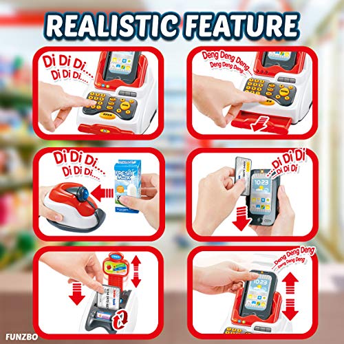 FunzBo Cash Register for Kids Toys - Grocery Store Pretend Play for Girls Boys Toy Cashier Registers with Scanner and Sound, Credit Card Reader, FUNZBO