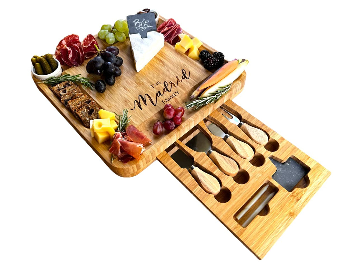 Personalized Bamboo Charcuterie Board Set/10pcs Cheese Board And Knife Set, Realtor Closing gift, Custom Charcuterie board, Wedding Gift WoodArtSupply