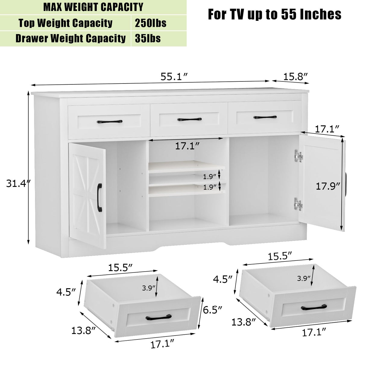 Tradare Sideboard Buffet Cabinet with Storage, Large Kitchen Buffet Cabinet with Doors and Drawers, 55” Farmhouse Entryway Console Cabinet for Tradare