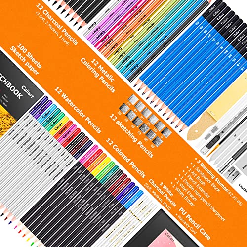 Caliart Drawing Supplies, Art Set Sketching Kit with 100 Sheets 3-Color Sketch Book, Graphite Colored Charcoal Watercolor & Metallic Pencils, Gifts Caliart