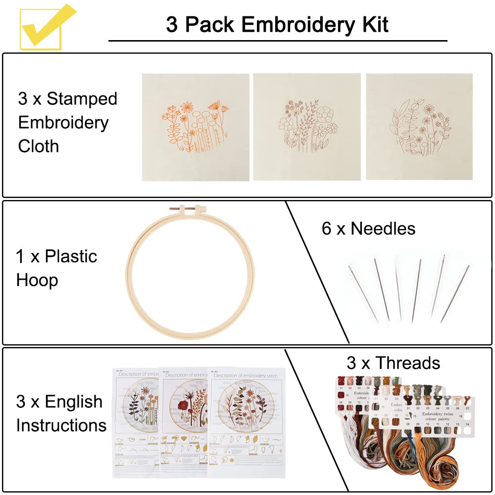 Uphome 3 Pack Embroidery Starter Kit for Beginners Stamped Cross Stitch Kits with Cute Flowers and Plants Patterns with 1 Embroidery Hoop and Color Uphome